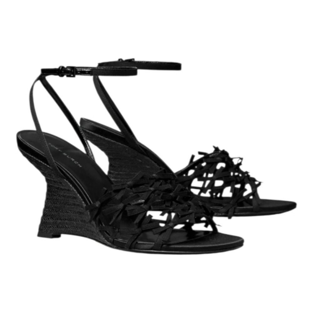 Tory Burch Mini Bow Espadrille Black Wedge Sandal Size 8.5